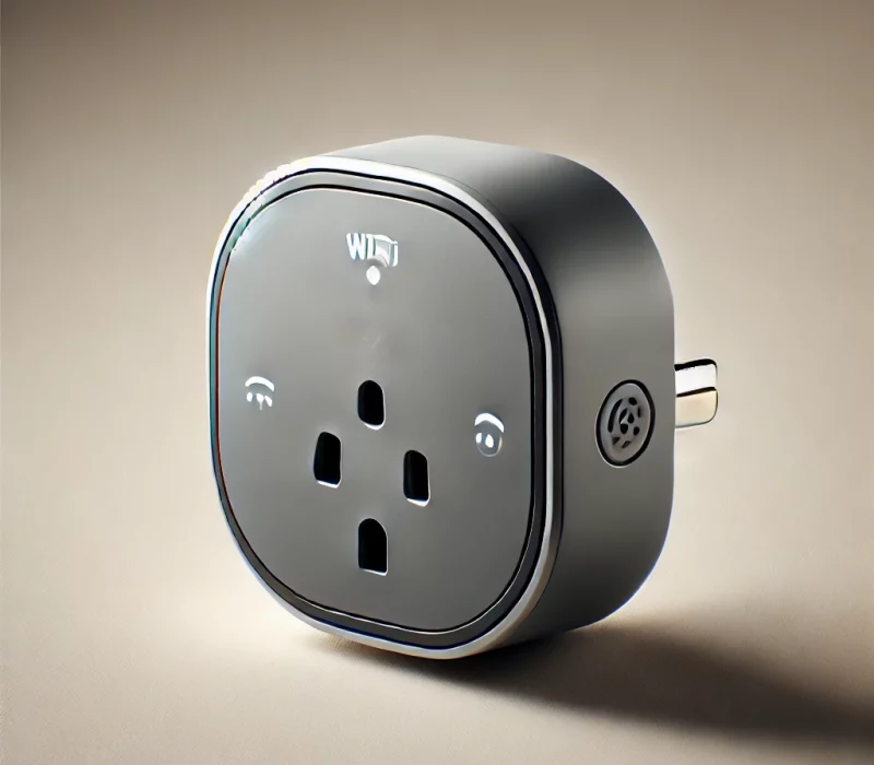 DALL·E 2025-03-05 11.52.30 - A high-quality image of a smart plug with Wi-Fi connectivity. The compact plug has a modern design with an LED indicator light and a power button. The