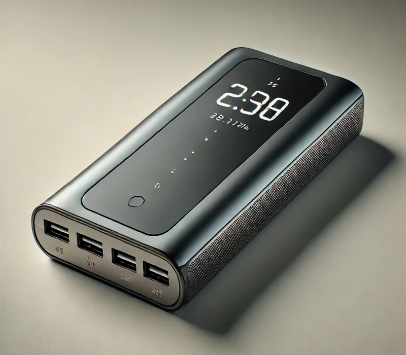 DALL·E 2025-03-05 11.52.32 - A high-quality image of a modern power bank with USB ports and a digital display showing battery percentage. The design is sleek and portable, suitabl