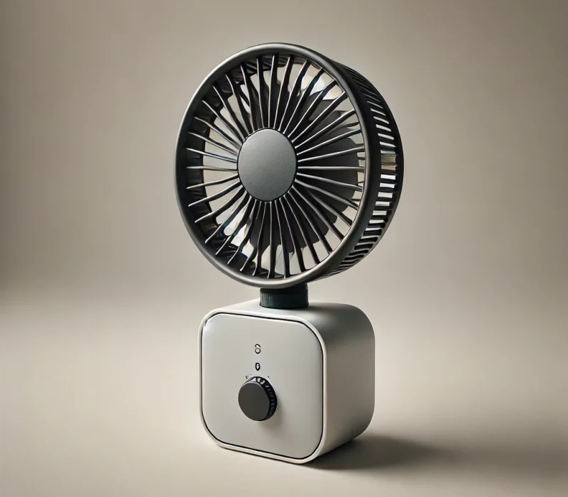 DALL·E 2025-03-05 11.53.31 - A high-quality image of a compact, battery-powered portable fan with a modern design. The fan is small, lightweight, and ideal for personal use. The b