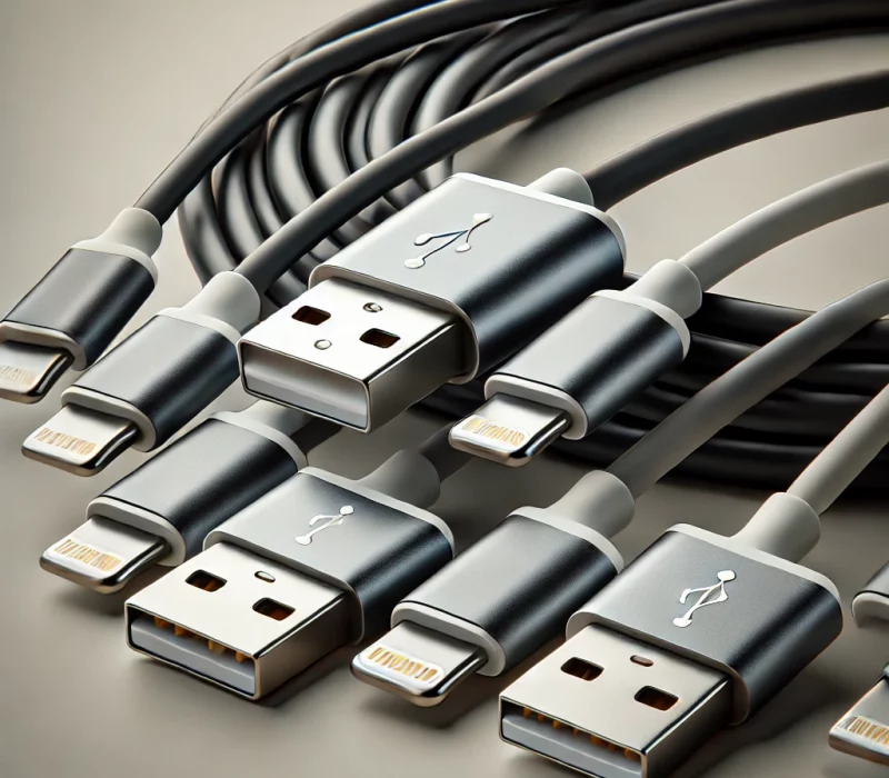 DALL·E 2025-03-05 11.59.49 - A high-quality image of a set of USB charging cables, including USB-C, Lightning, and Micro-USB connectors. The cables are neatly arranged, showcasing