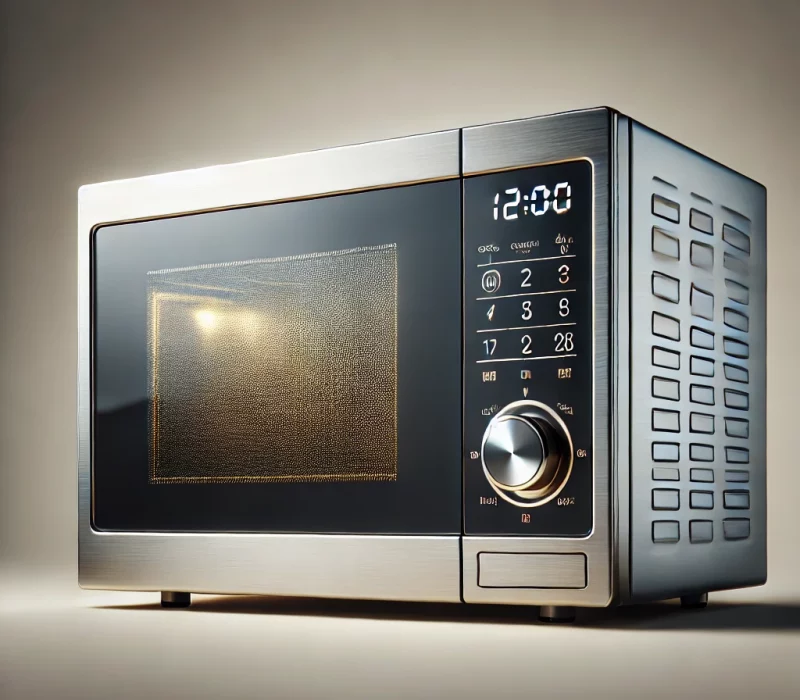 DALL·E 2025-03-05 12.07.40 - A high-quality image of a modern microwave oven with a sleek stainless steel design. The digital control panel is illuminated, displaying cooking sett