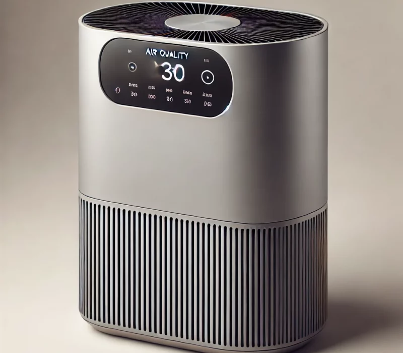 DALL·E 2025-03-05 12.07.41 - A high-quality image of a modern air purifier with a sleek, minimalist design. The purifier has a digital display showing air quality levels and setti
