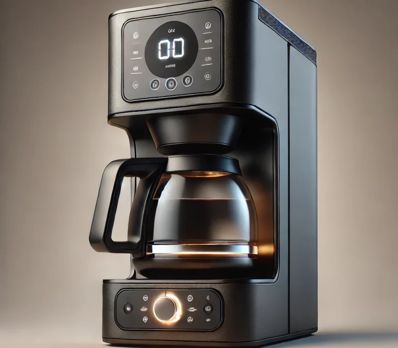 DALL·E 2025-03-05 12.07.46 - A high-quality image of a modern coffee maker with a stylish, compact design. The coffee maker has an illuminated digital control panel and a glass ca