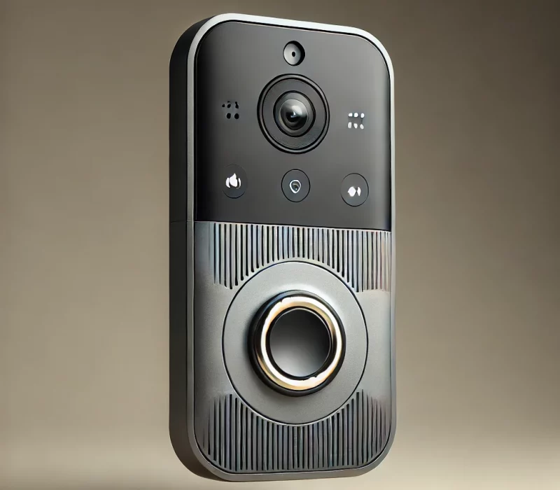 DALL·E 2025-03-05 12.07.48 - A high-quality image of a modern smart doorbell with a sleek design. The doorbell features a built-in camera, motion detection, and a digital display