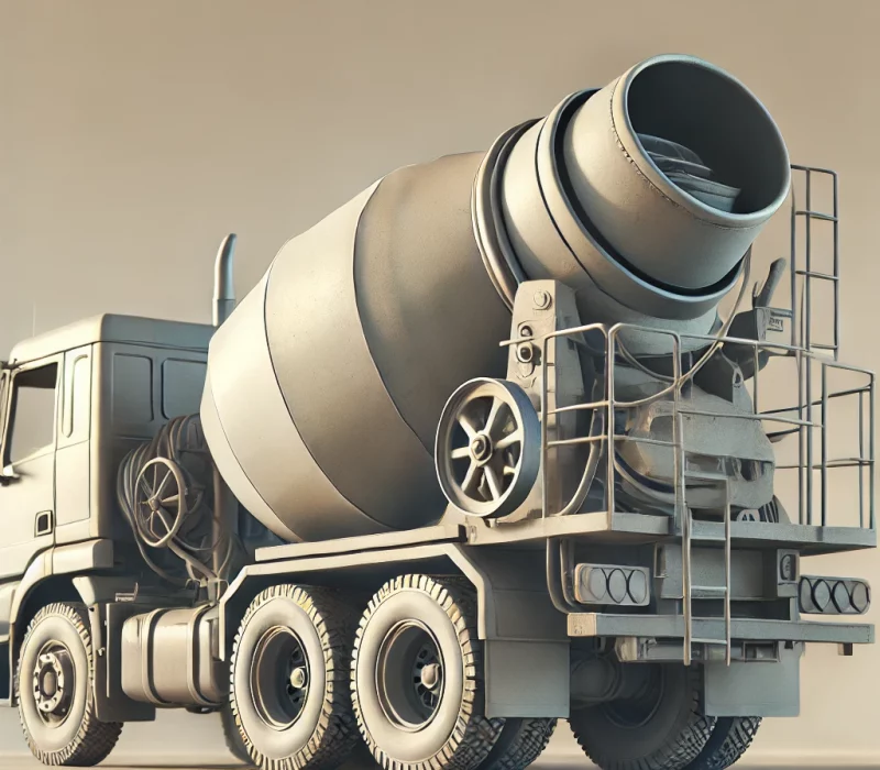 DALL·E 2025-03-05 13.31.14 - A high-quality image of a concrete mixer truck with a rotating drum, designed for transporting and mixing concrete. The truck is stationed on a constr